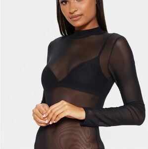 PLT Aurban Black Sheer Mesh Long Sleeve Bodysuit Top Pretty Little Thing